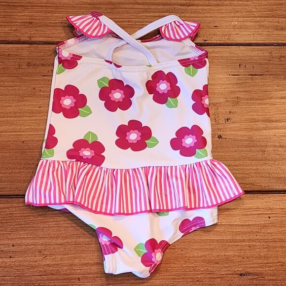 I PLAY - Baby Girl One Piece Swim Bathing /Pink Flowers Stripes/ Size 0-6 Months - Picture 3 of 5